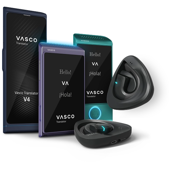Vue de profil des appareils Vasco : les traducteurs Vasco V4, Q1, M4 et E1 présentés côte à côte.