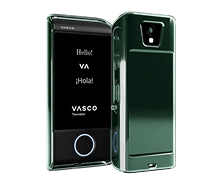 Aqua glass silicone case for the Vasco Translator M4, shown on a green device from the front and back. The case has a rear cutout for the M4 camera and an opening at the bottom for attaching a keychain or lanyard.