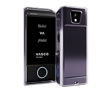 'Velvet purple silicone case for the Vasco Translator M4, shown on a purple device from the front and back. The case has a rear cutout for the M4 camera and an opening at the bottom for attaching a keychain or lanyard.