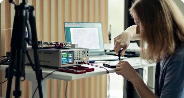 Une personne aux longs cheveux blonds est concentrée sur la réparation ou l'assemblage d'un petit appareil électronique, assise à un bureau de laboratoire blanc. Elle utilise un outil de précision sur un composant, assise à côté d'une alimentation électrique de laboratoire numérique dotée d'un écran bleu lumineux. À l'arrière-plan, un ordinateur portable ouvert affiche des schémas techniques ou du code, et un trépied de caméra est visible au premier plan, à gauche. Le décor est un espace de travail bien éclairé, avec des panneaux muraux modernes en bois à lattes. 